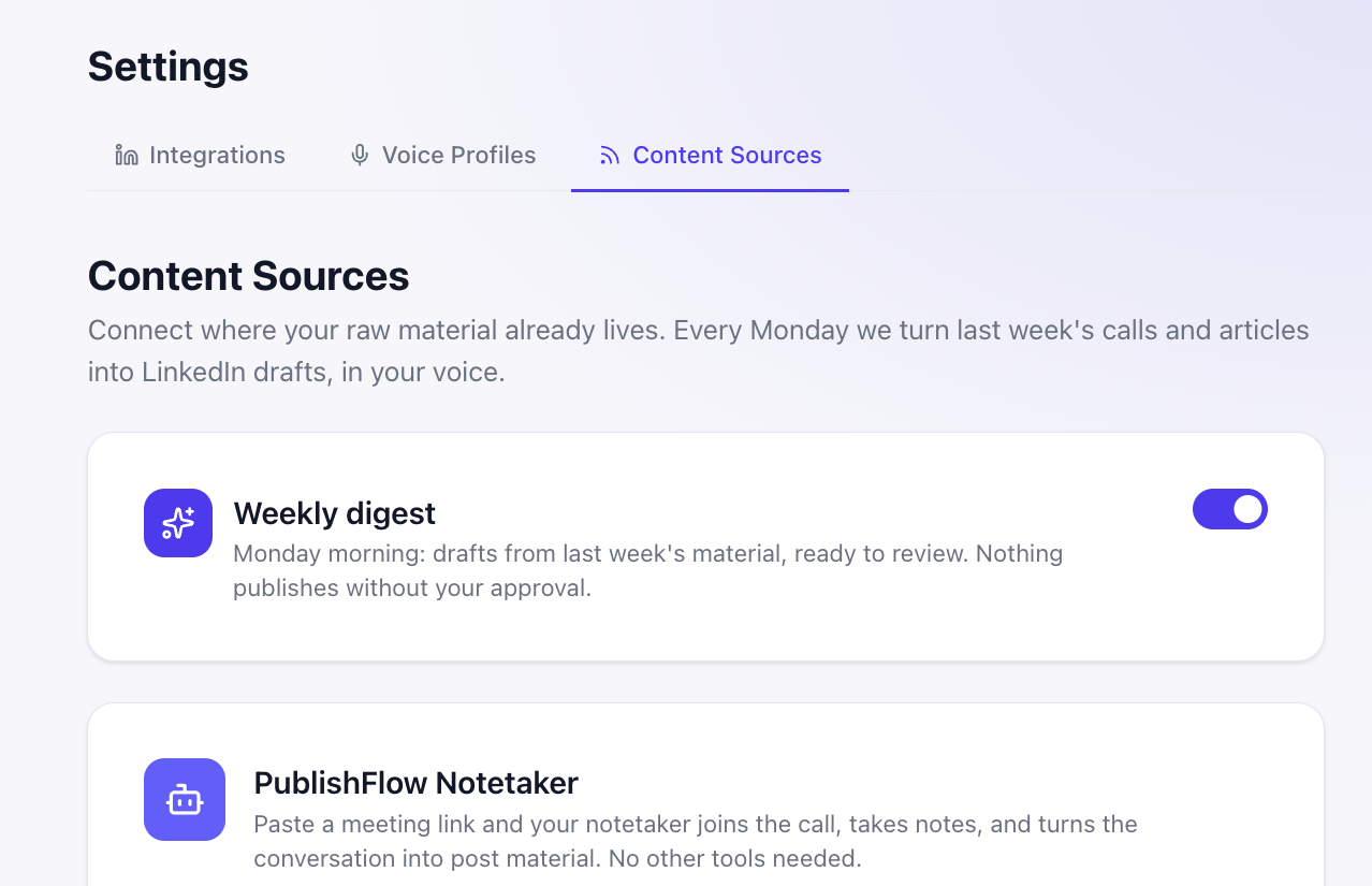 Content sources in PublishFlow: the Monday digest and the meeting notetaker.